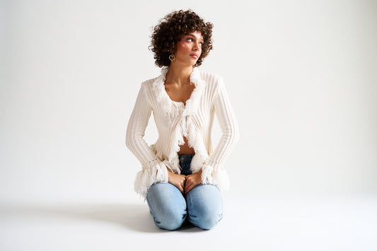 Moana Ecru Knitted Cardigan with Fringes