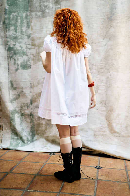 Janick Babydoll White Dress with Flowery Lace and Puffy Sleeves