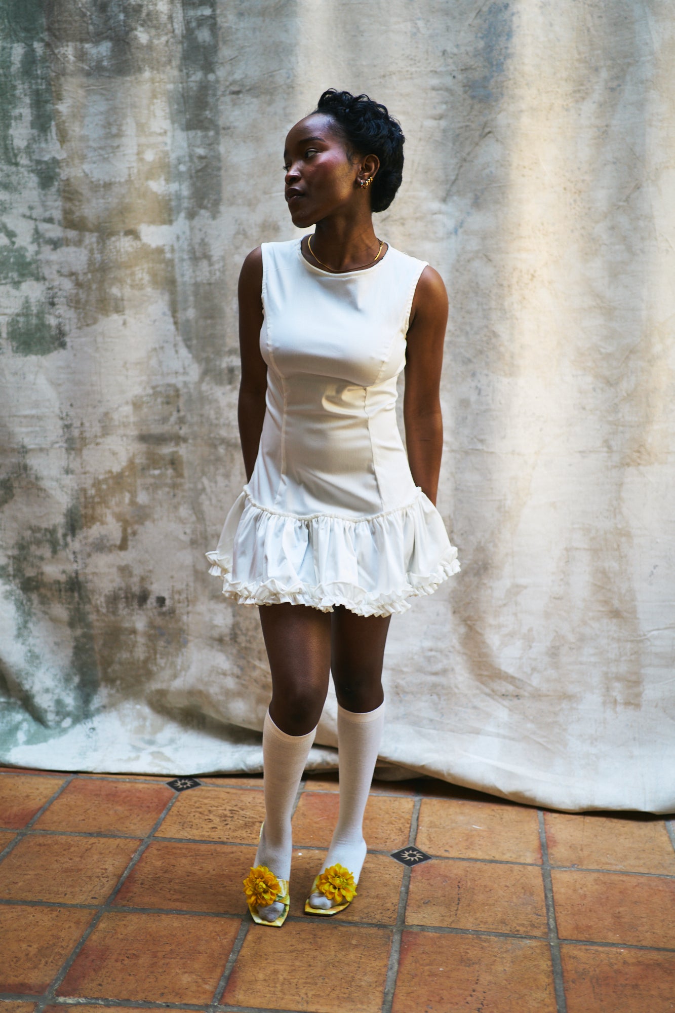 Louise Off-White Silk and Cotton Ruffled Dress