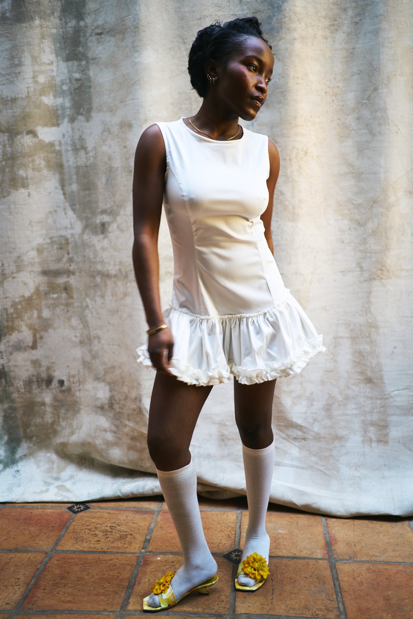 Louise Off-White Silk and Cotton Ruffled Dress