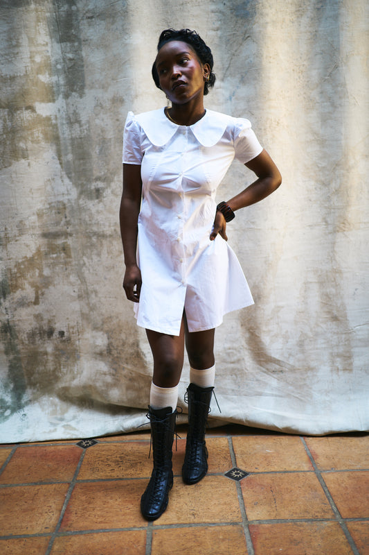 Marie White Cotton Dress with Col Claudine Collar