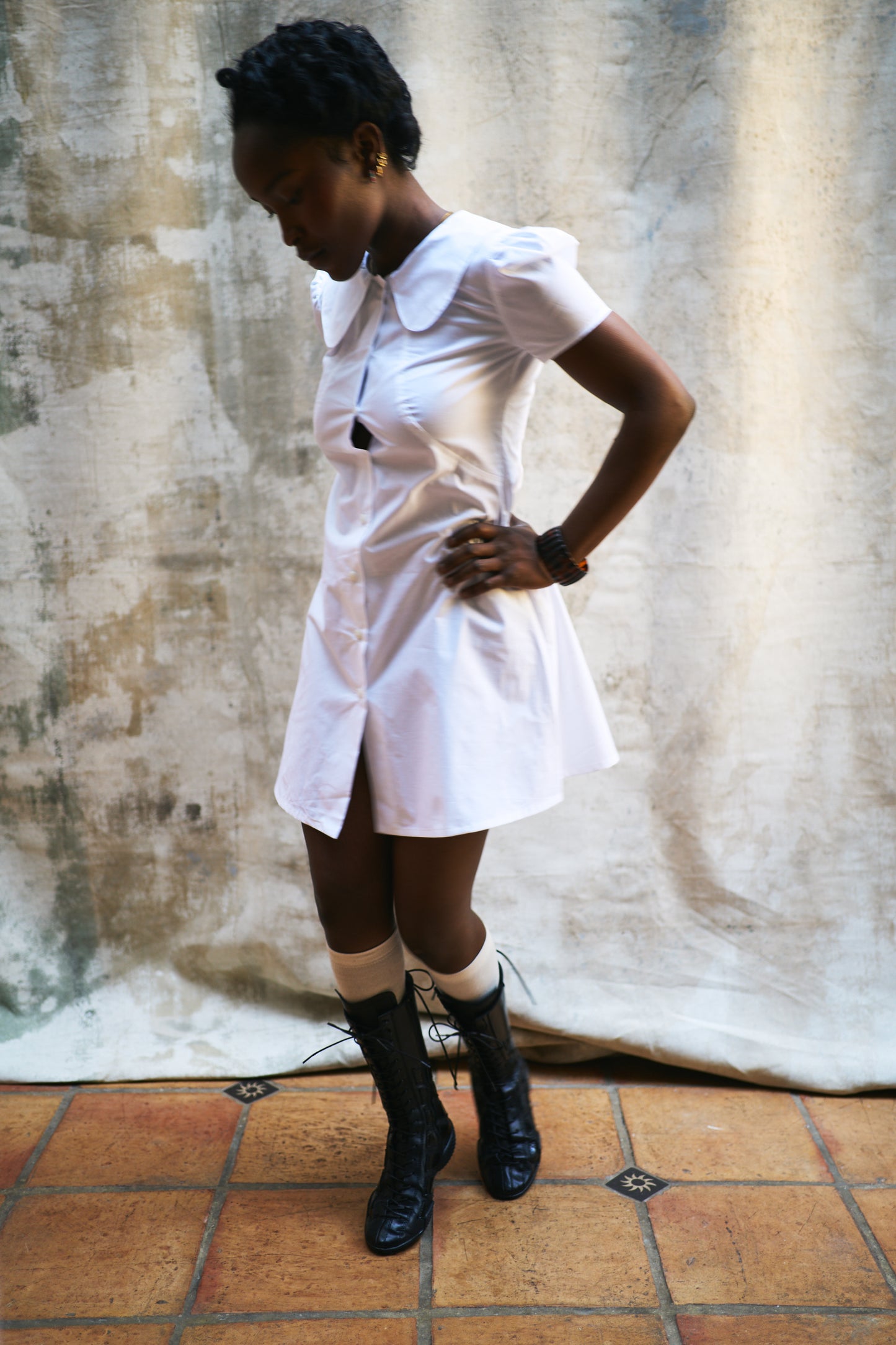 Marie White Cotton Dress with Col Claudine Collar