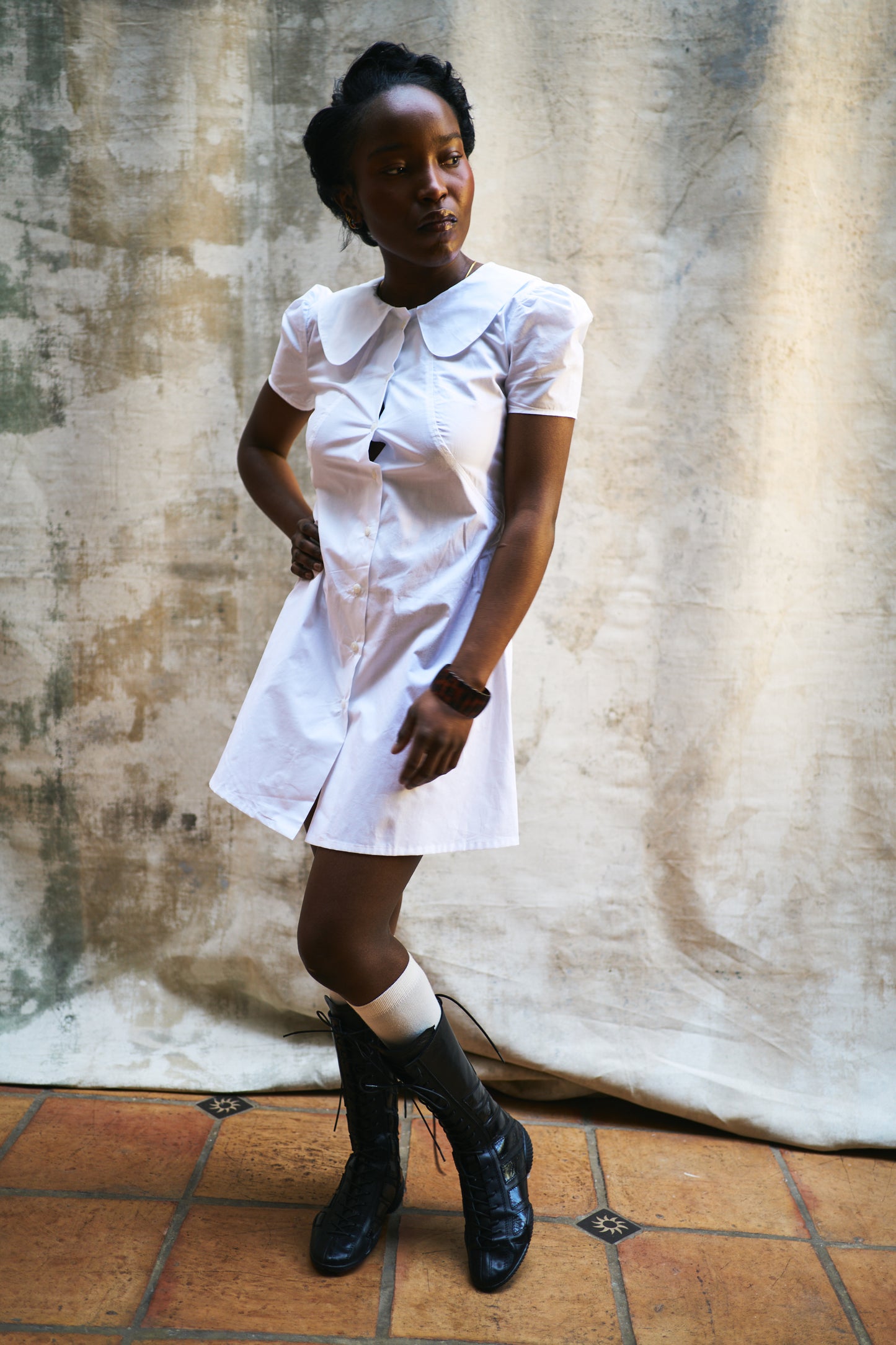 Marie White Cotton Dress with Col Claudine Collar