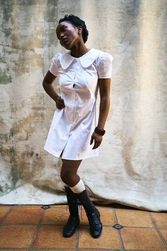 Marie White Cotton Dress with Col Claudine Collar
