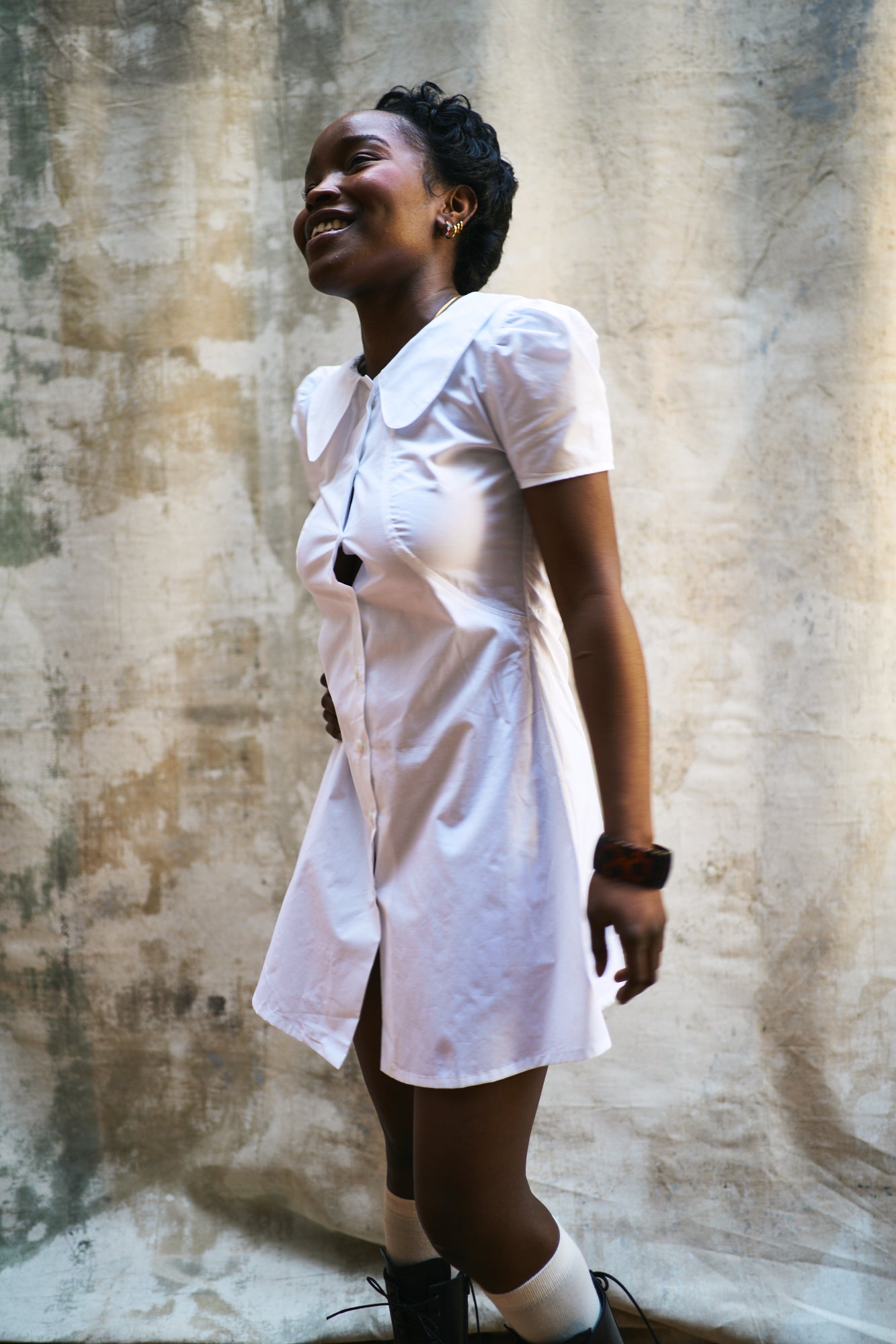 Marie White Cotton Dress with Col Claudine Collar