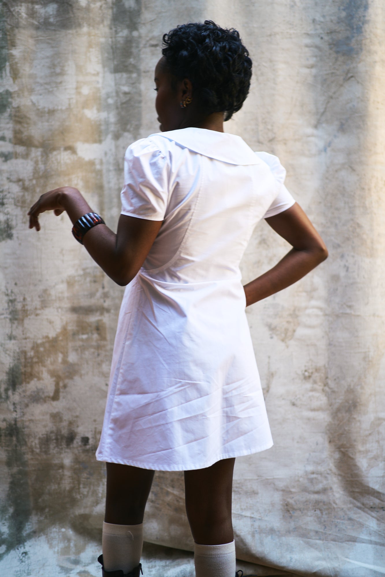 Marie White Cotton Dress with Col Claudine Collar
