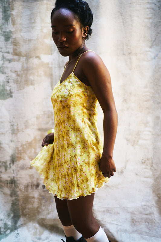 Lena Yellow Flowers Babydoll Muslin Silk Dress