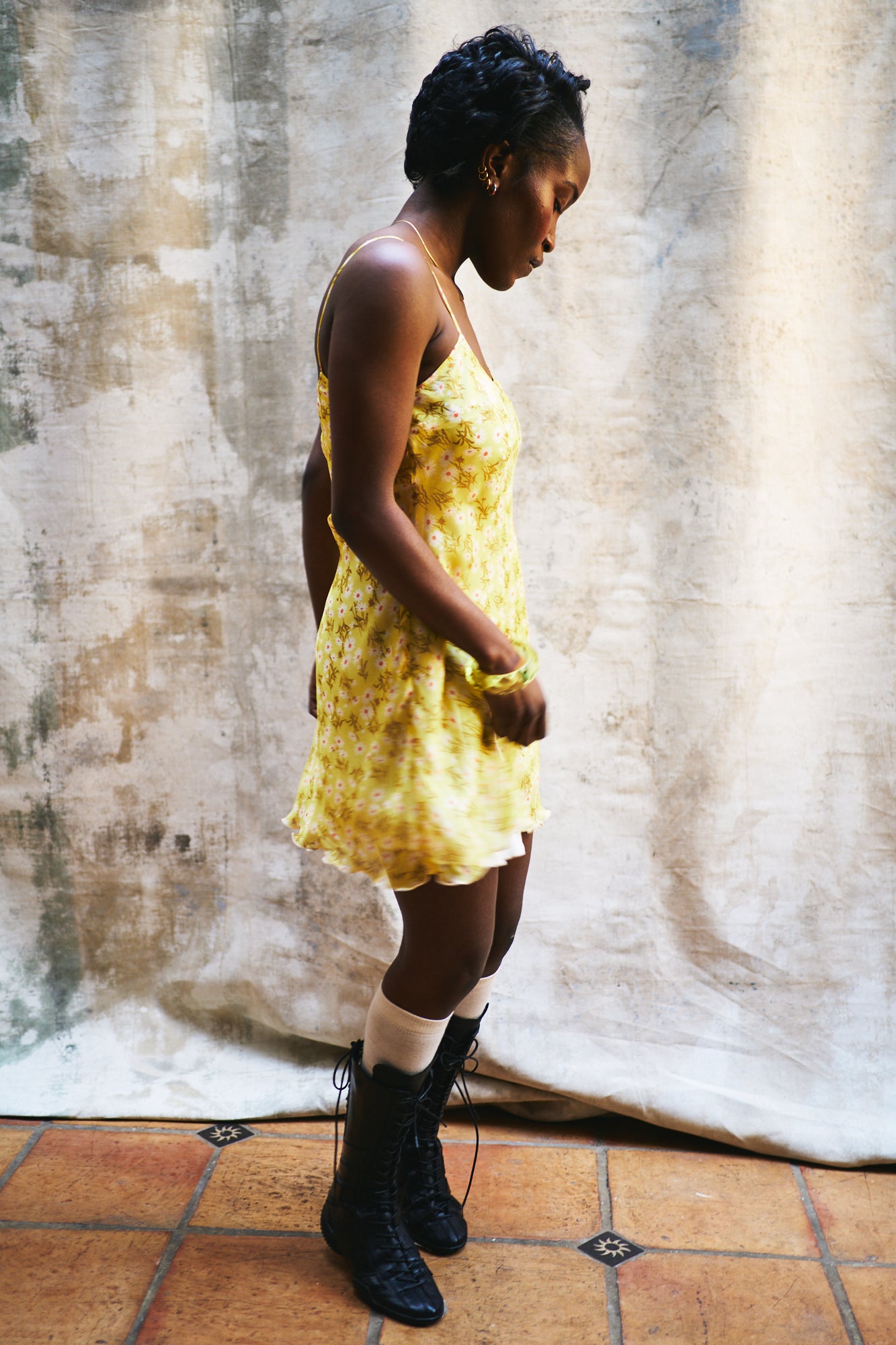 Lena Yellow Flowers Babydoll Muslin Silk Dress
