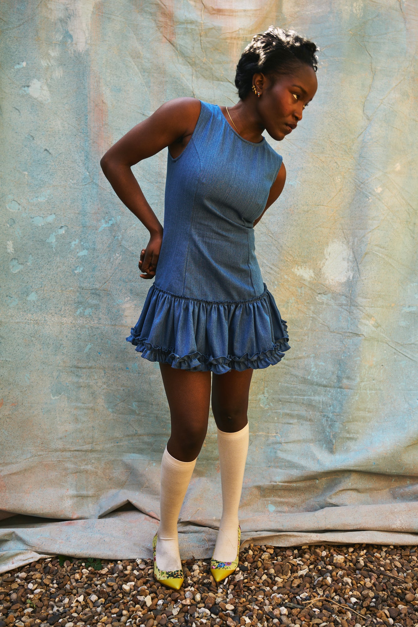 Louise Light Blue Denim Cotton Ruffled Dress