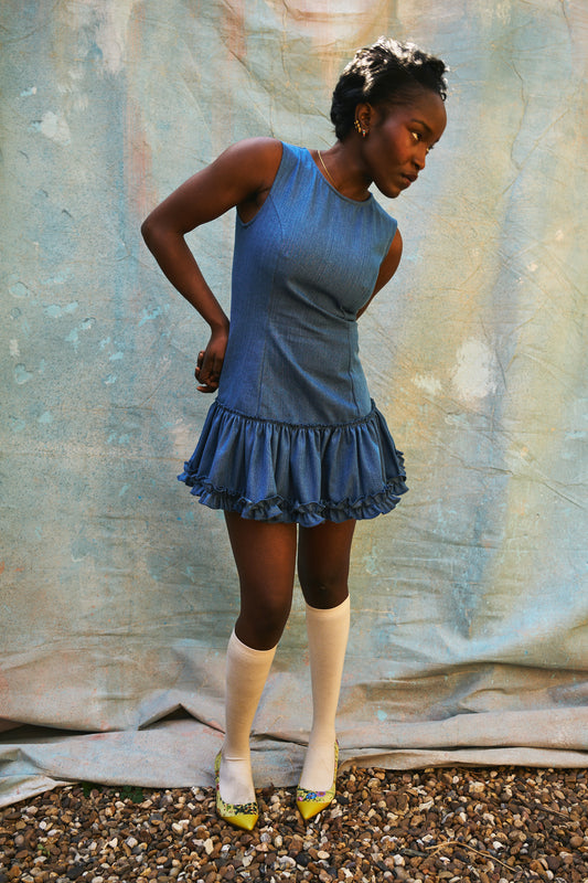 Louise Light Blue Denim Cotton Ruffled Dress