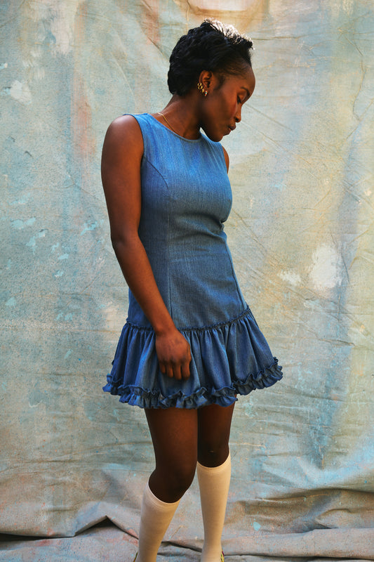 Louise Light Blue Denim Cotton Ruffled Dress