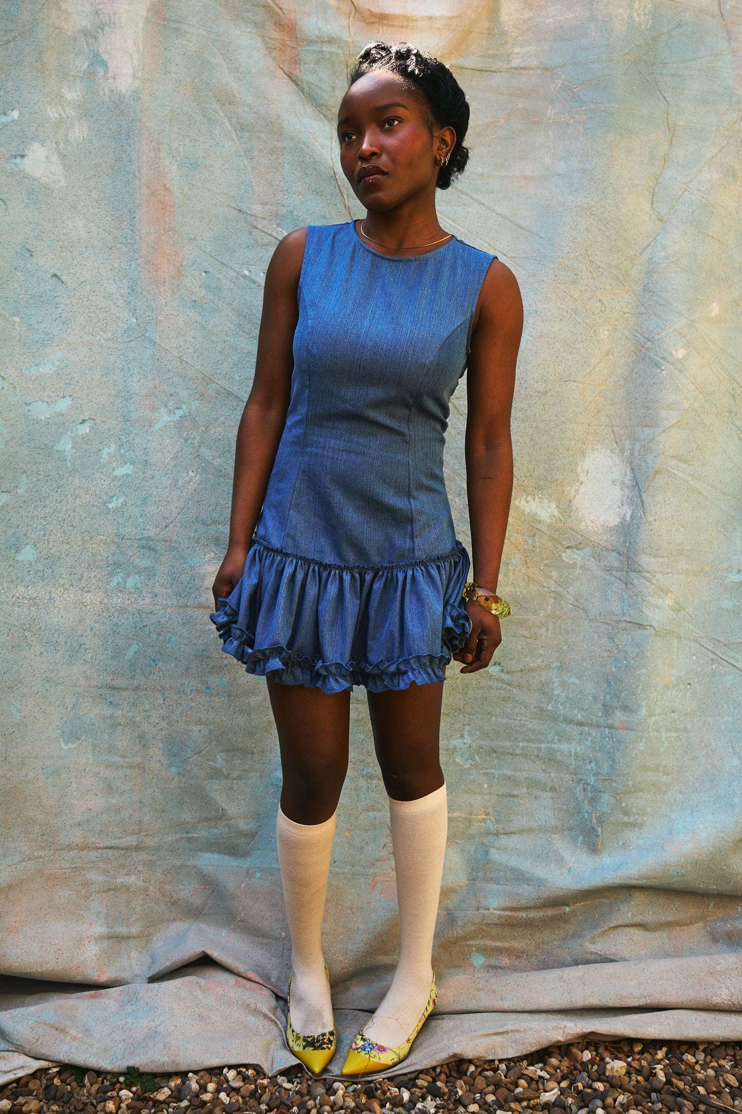 Louise Light Blue Denim Cotton Ruffled Dress