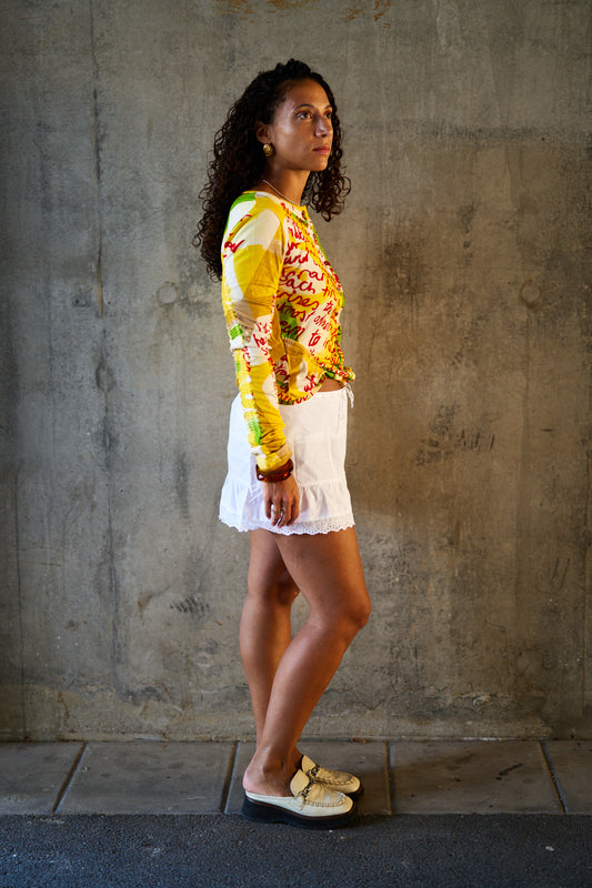 Mimi Cotton White Skirt with Embroidered Lace and Links