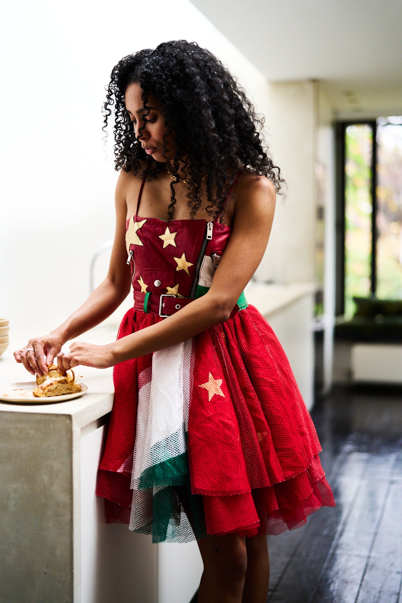 Diesel Leather Tulle Red Dress