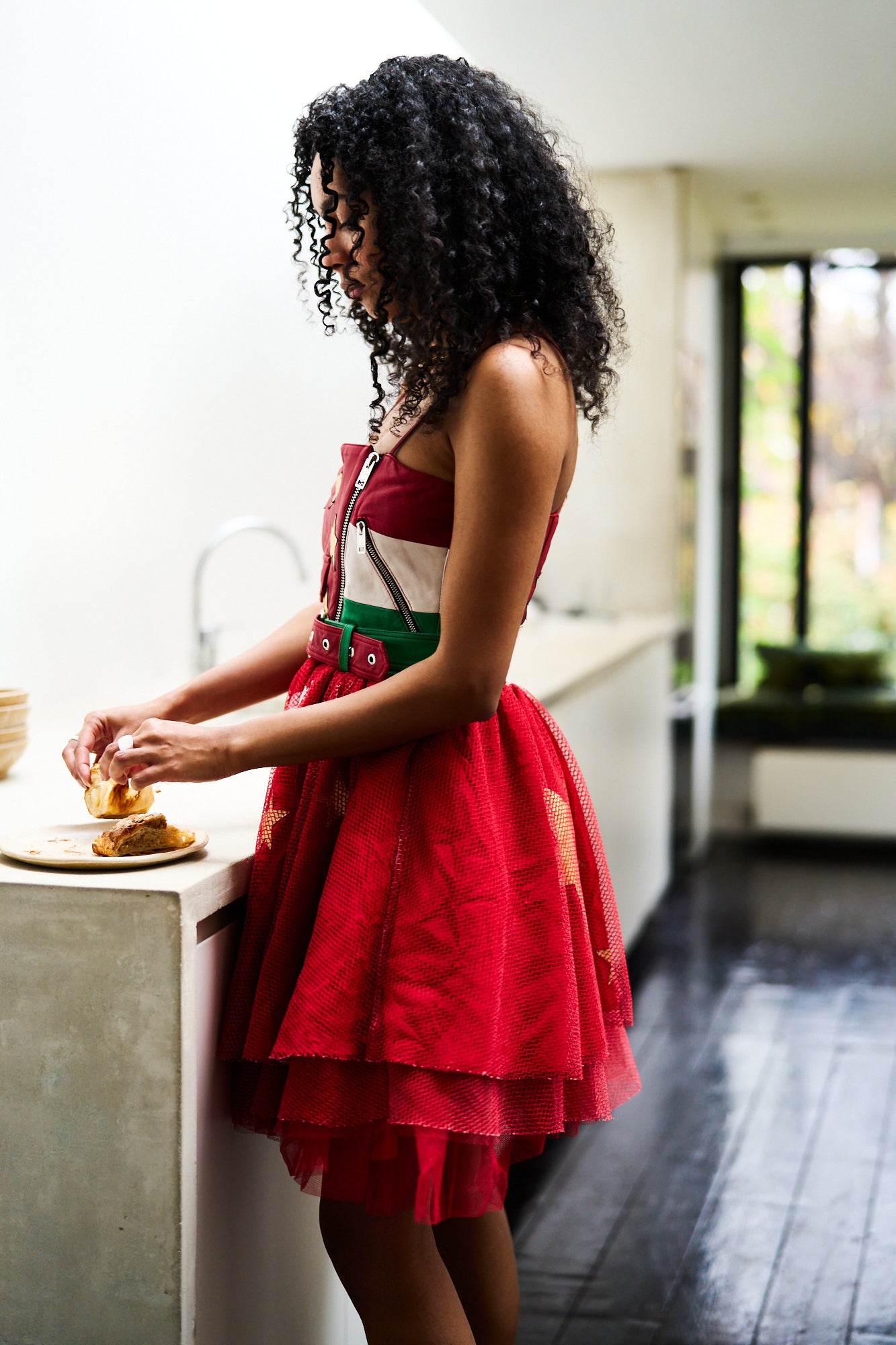 Diesel Leather Tulle Red Dress