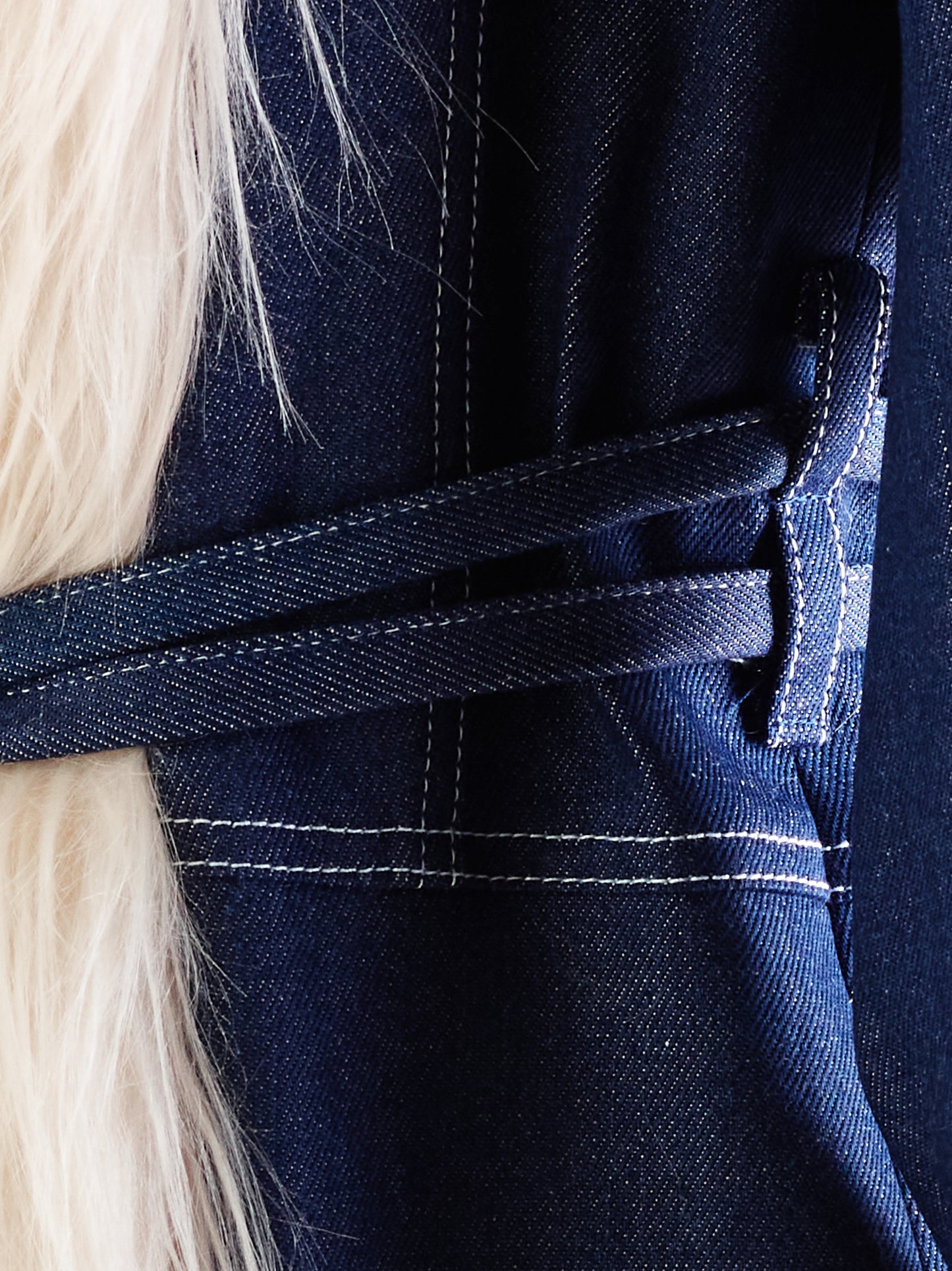 Denim and Mongolian Lamb Faux Fur Maxi Coat