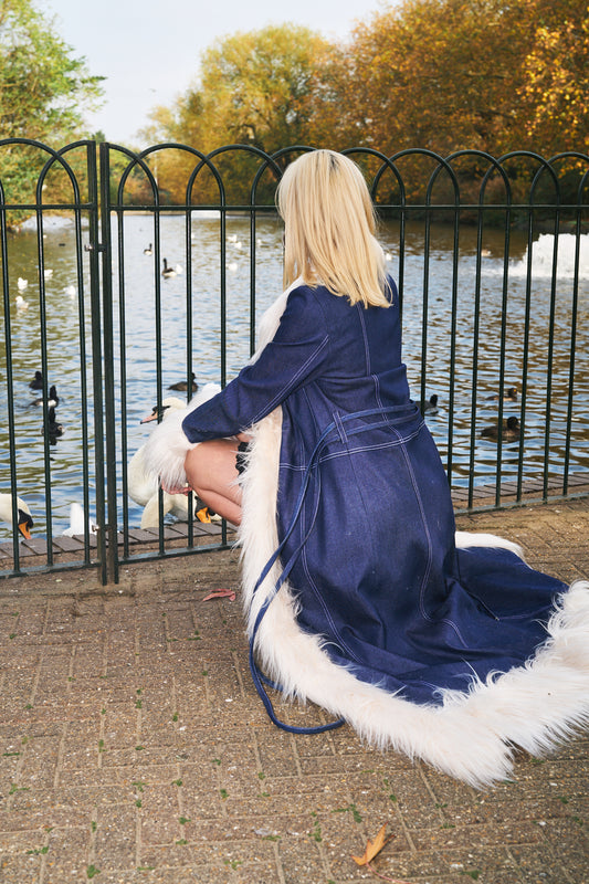 Denim and Mongolian Lamb Faux Fur Maxi Coat