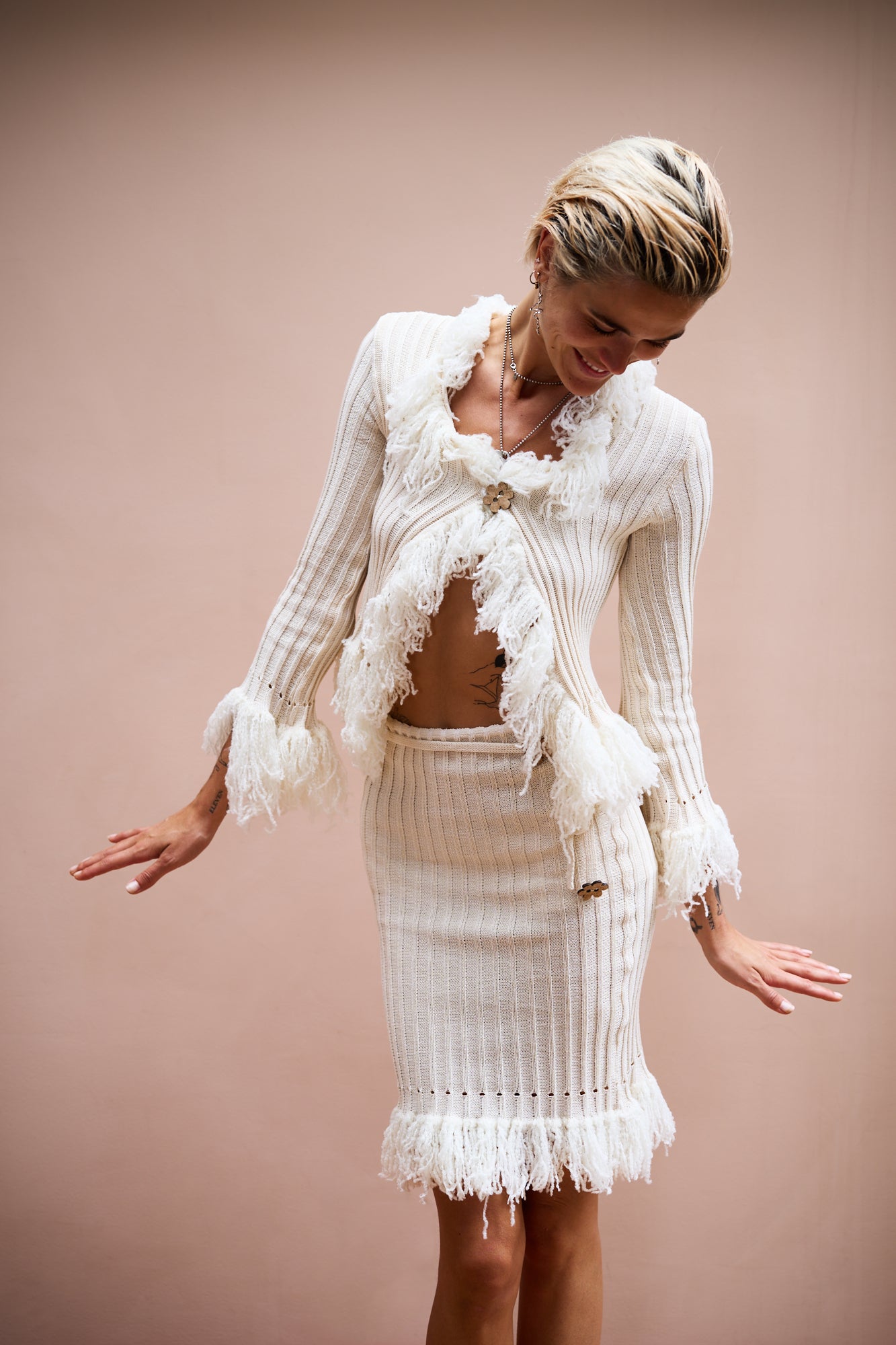 Moana Ecru Knitted Cardigan with Fringes