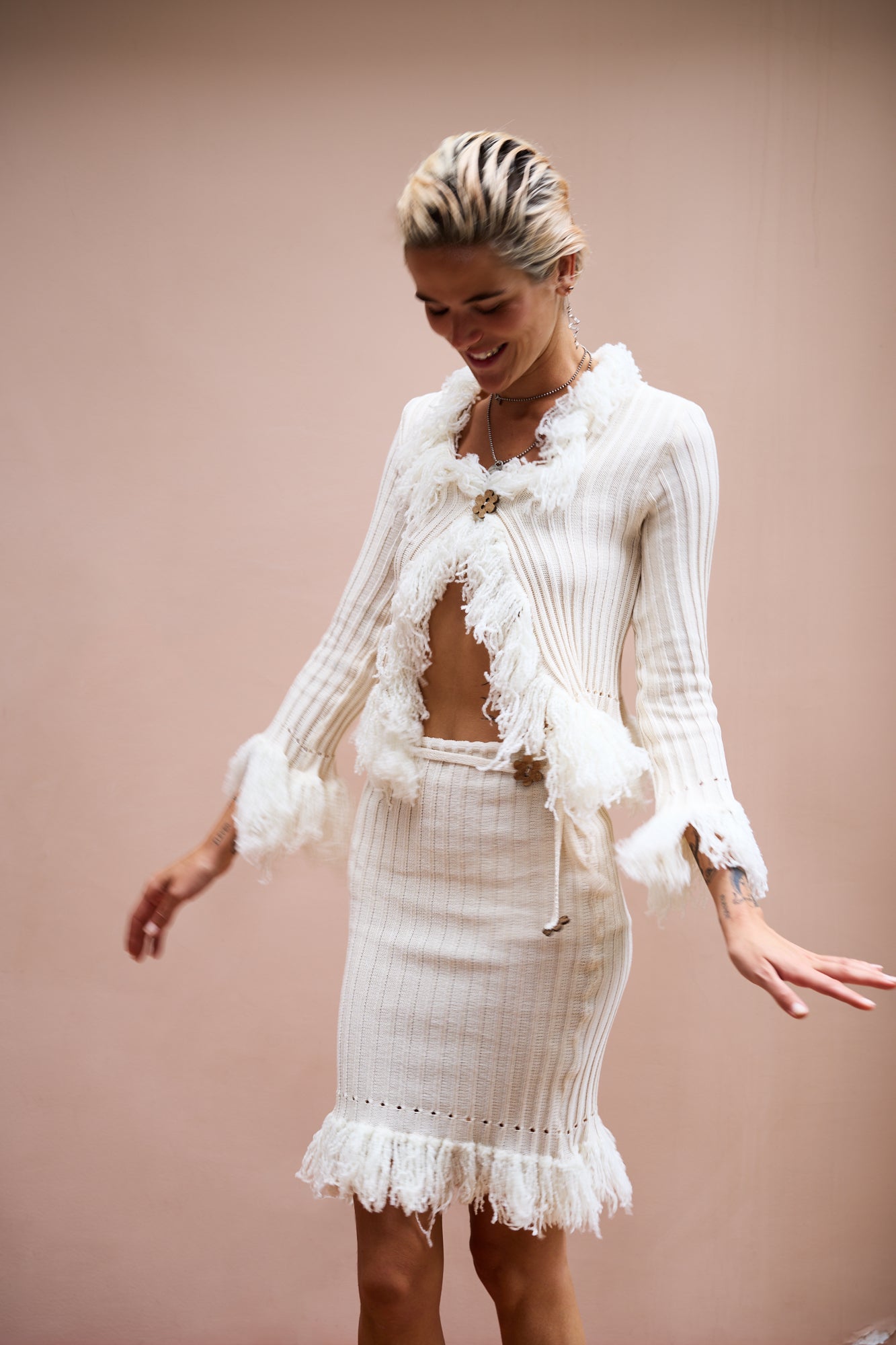 Moana Ecru Knitted Cardigan with Fringes