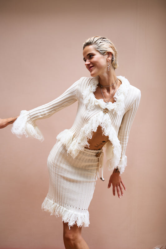 Maelanne Ecru Knitted Belted Skirt with Fringes