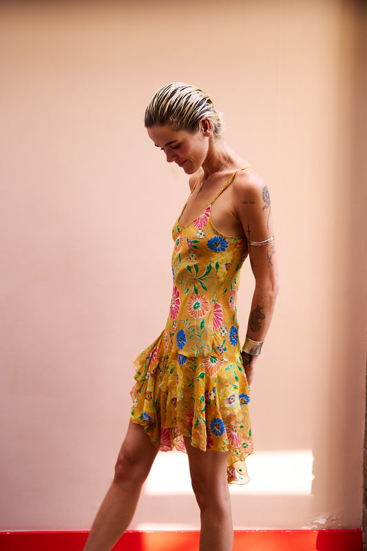 Elyna Orange Juice Flowers Sequins Asymmetric Silk Dress