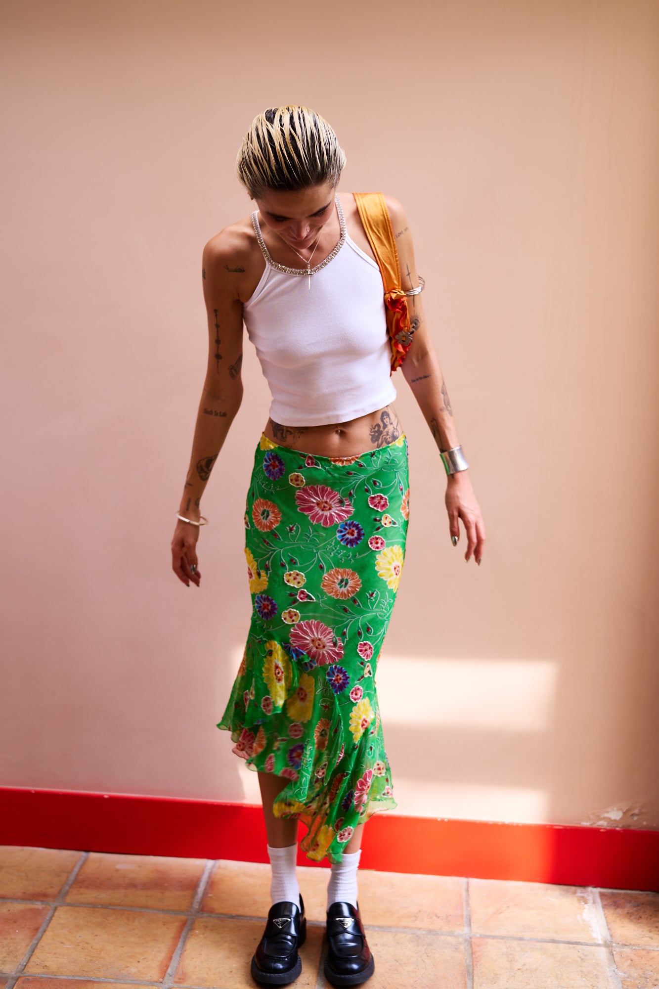 Mahe Green Grass Multicolor Sequinned Flowers Silk Skirt