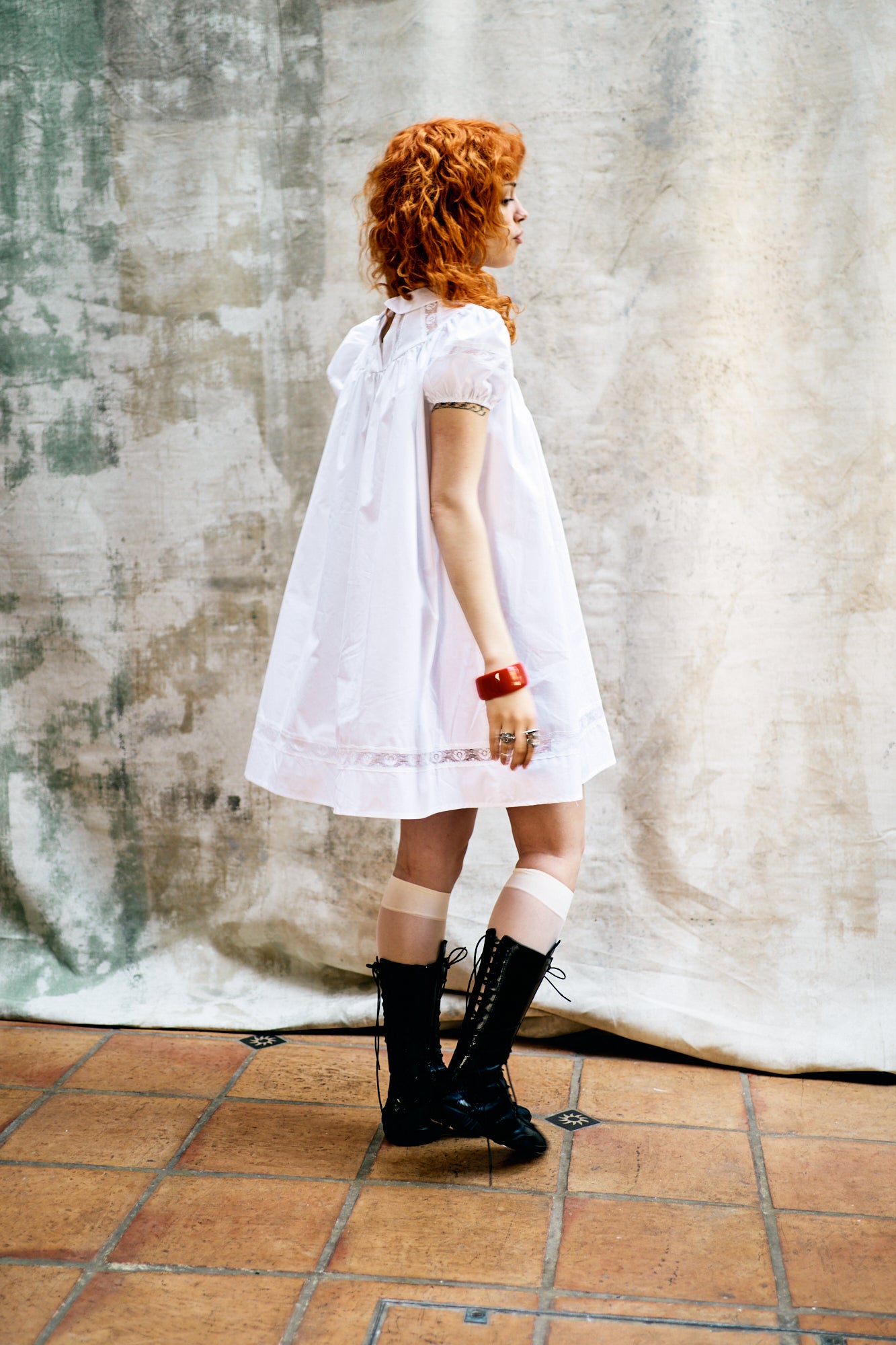 Janick Babydoll White Dress with Flowery Lace and Puffy Sleeves