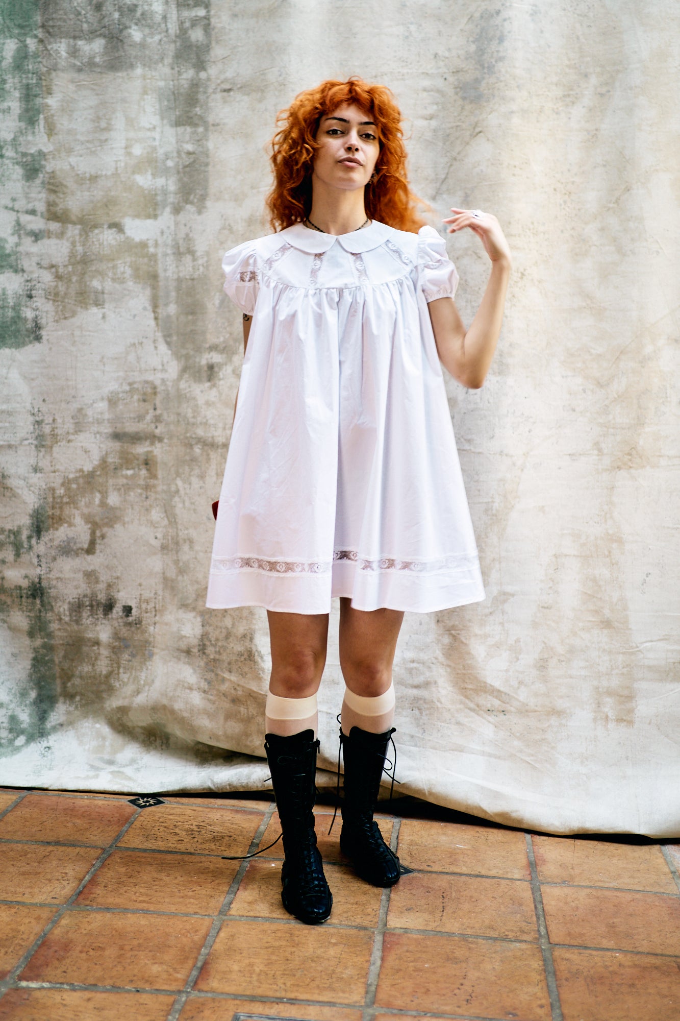 Janick Babydoll White Dress with Flowery Lace and Puffy Sleeves