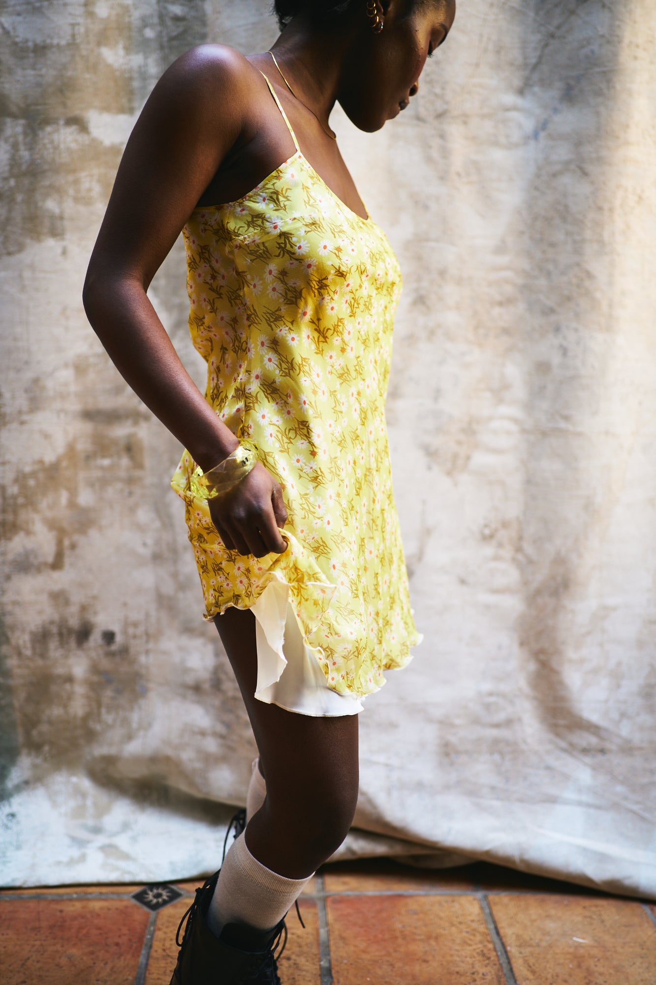 Lena Yellow Flowers Babydoll Muslin Silk Dress