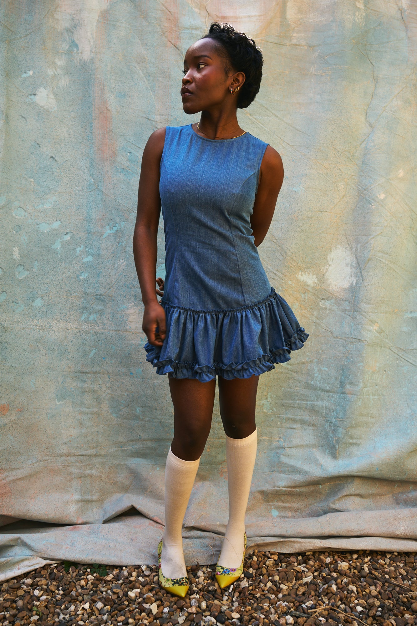 Louise Light Blue Denim Cotton Ruffled Dress