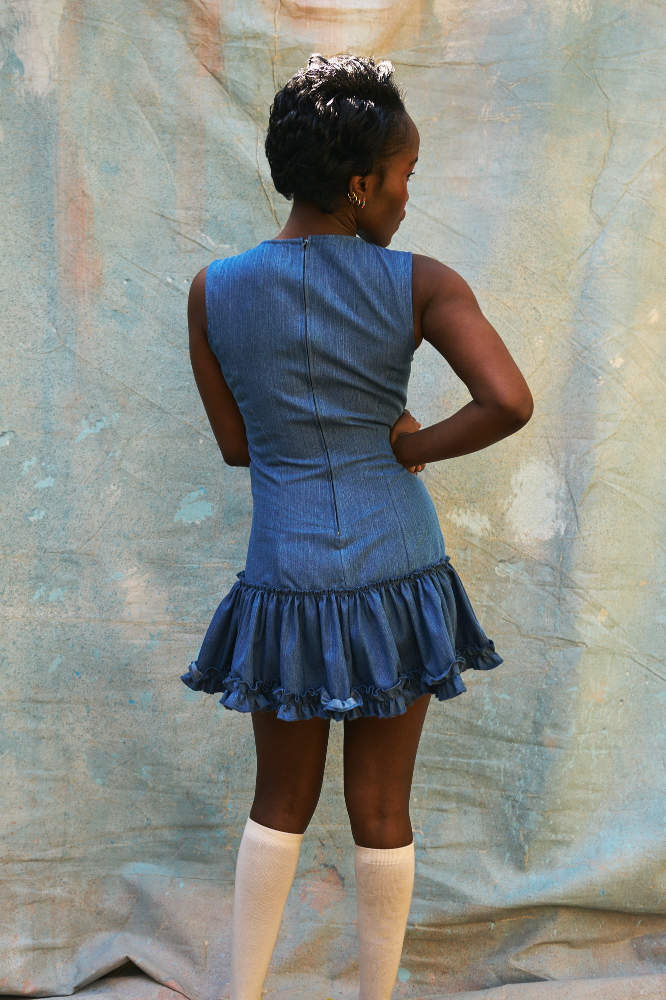 Louise Light Blue Denim Cotton Ruffled Dress