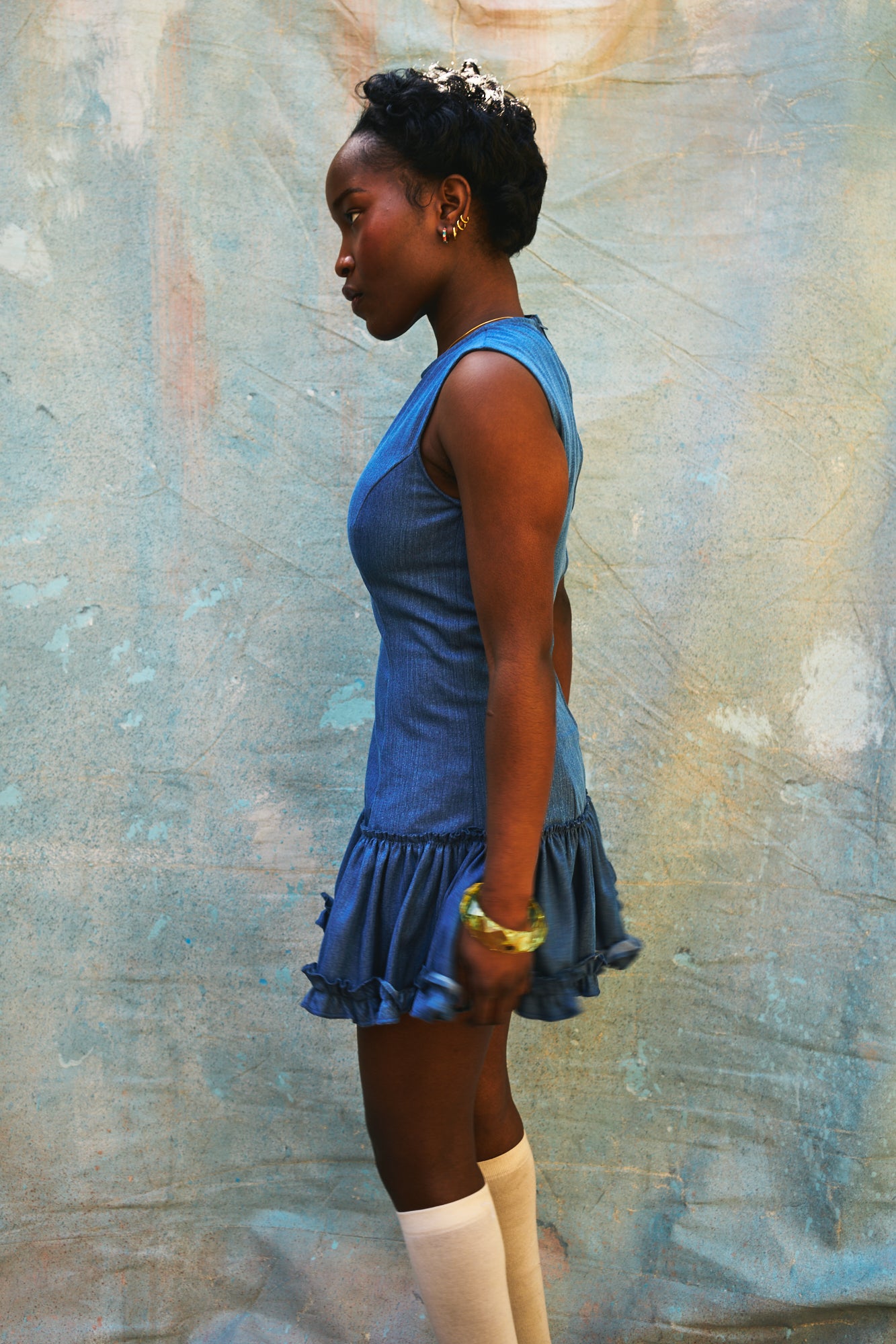 Louise Light Blue Denim Cotton Ruffled Dress