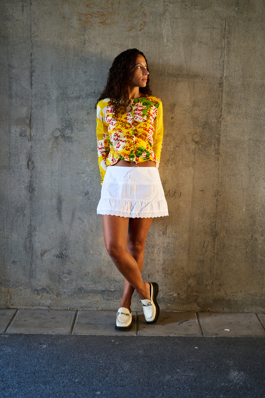 Mimi Cotton White Skirt with Embroidered Lace and Links