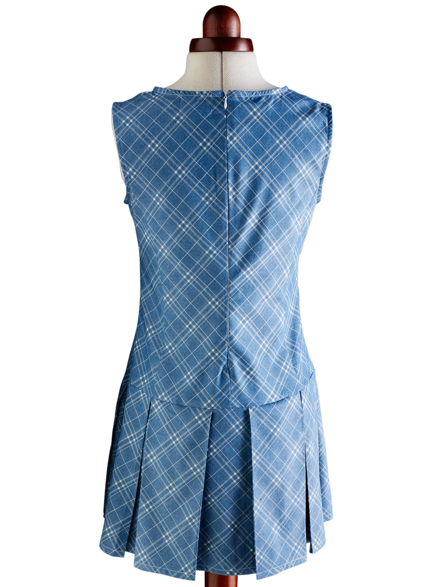 Natasha Light Denim Checked Blue Pleated Dress