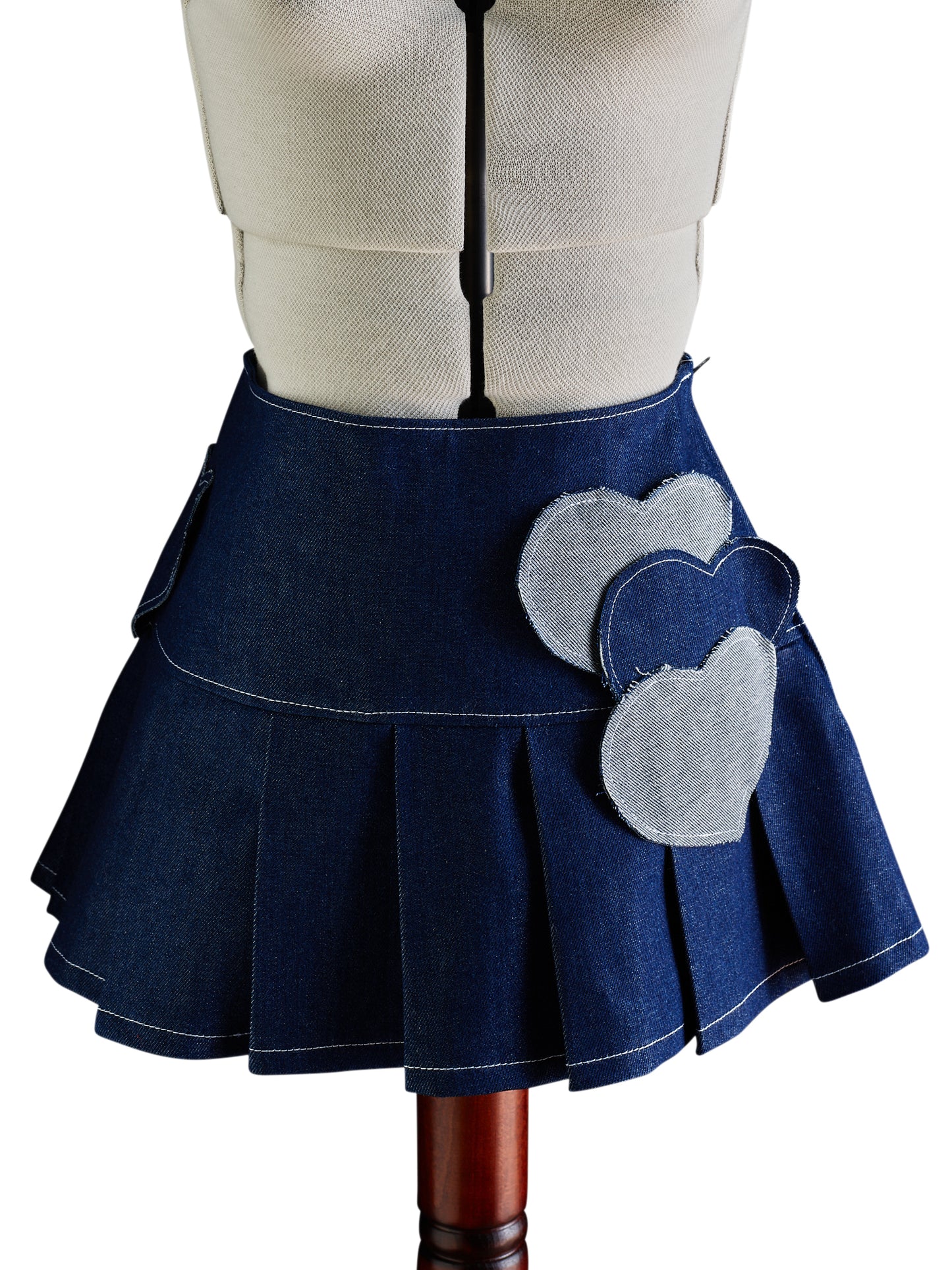 Denim Pleated Mini Skirt with Patched Hearts