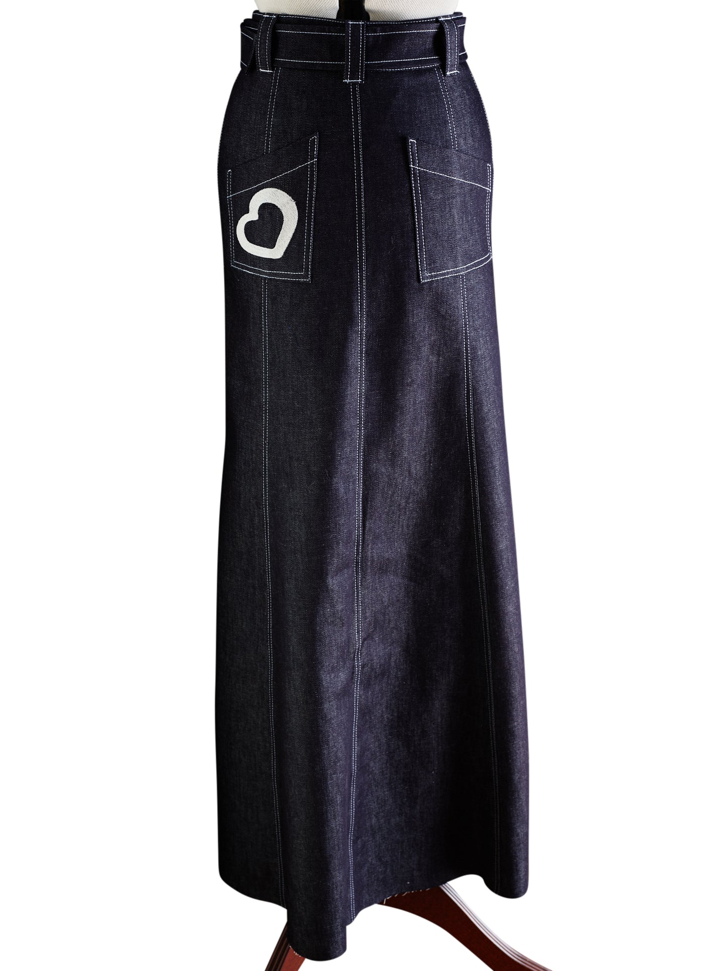 Dark Denim Heart Belt Maxi Skirt