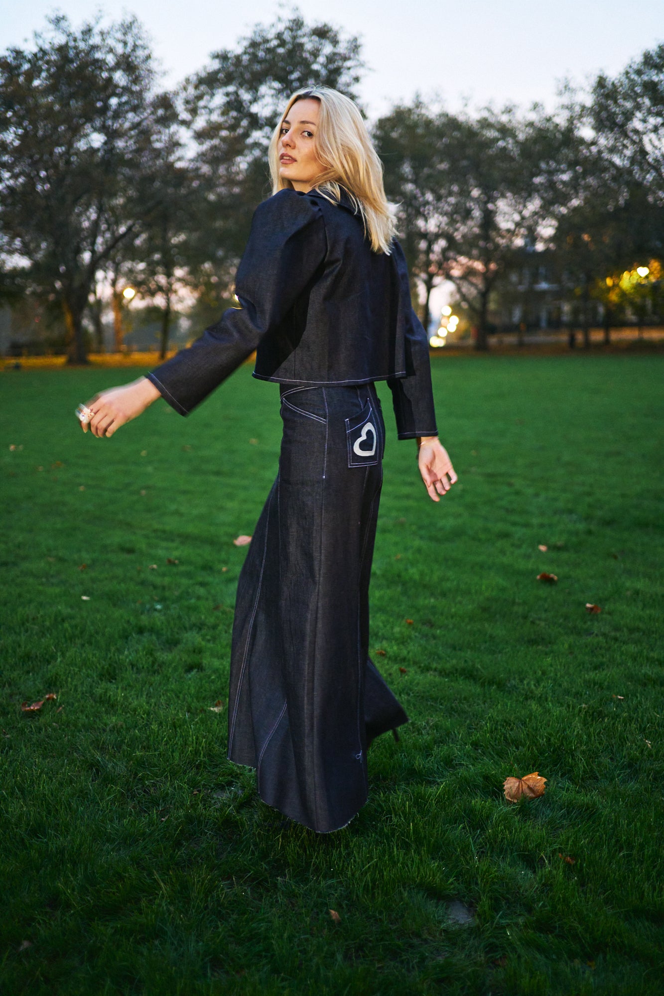 Dark Denim Heart Belt Maxi Skirt