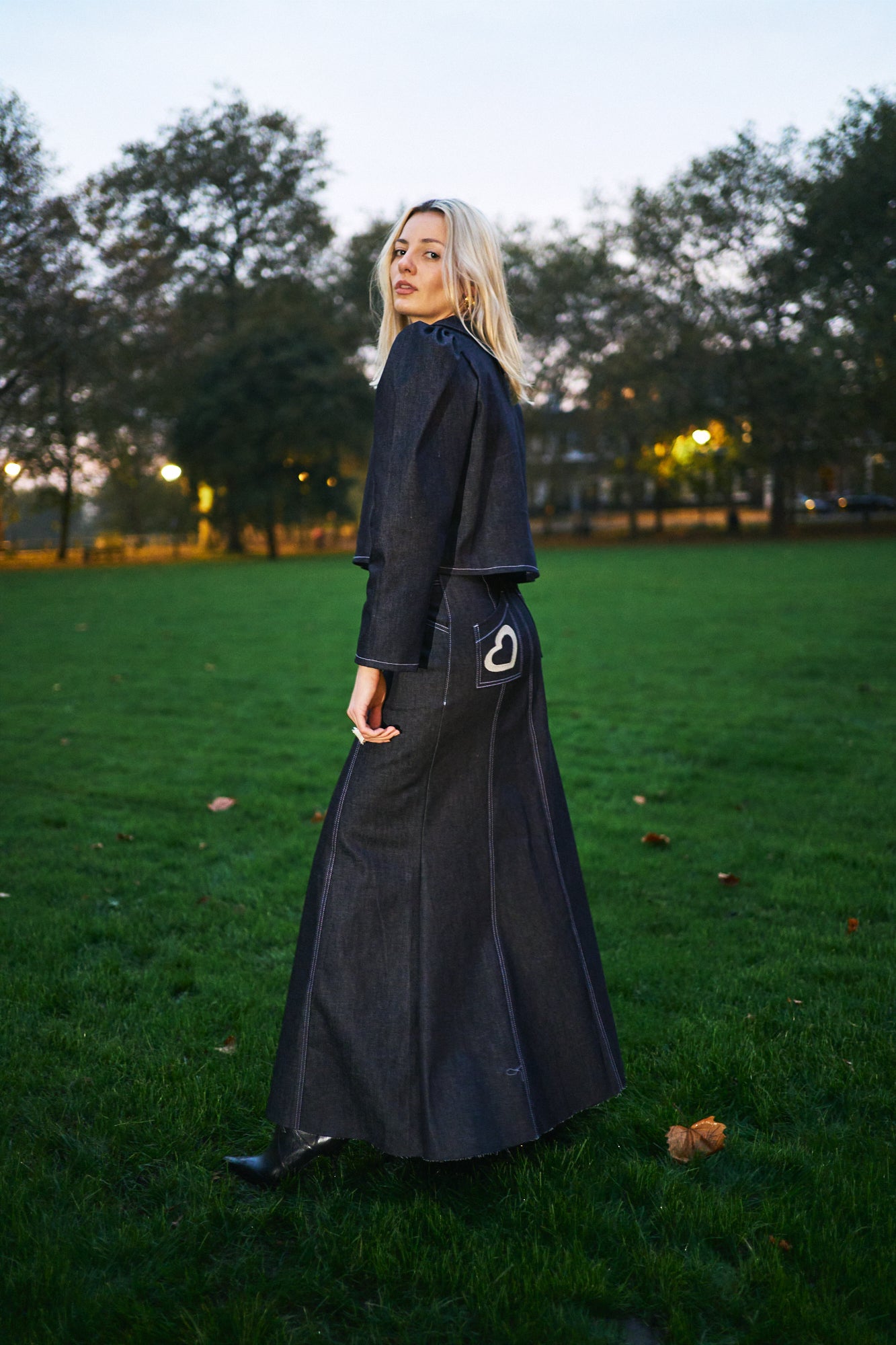 Dark Denim Heart Belt Maxi Skirt