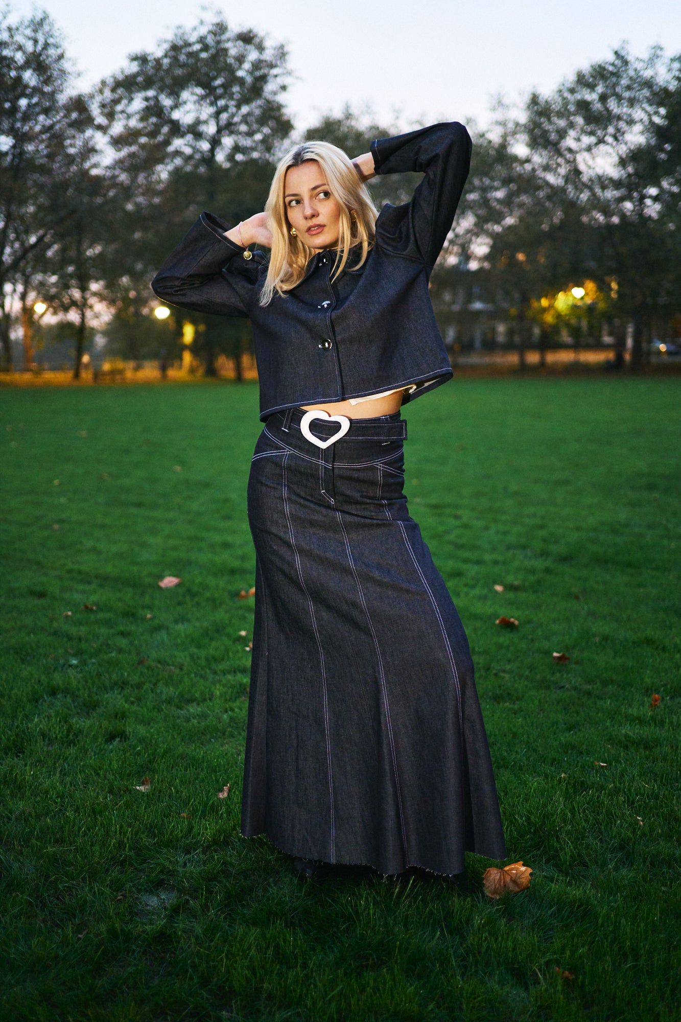 Dark Denim Heart Belt Maxi Skirt