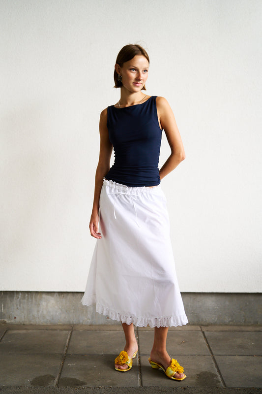 White Cotton English Embroidered Flared Mid-Length Skirt