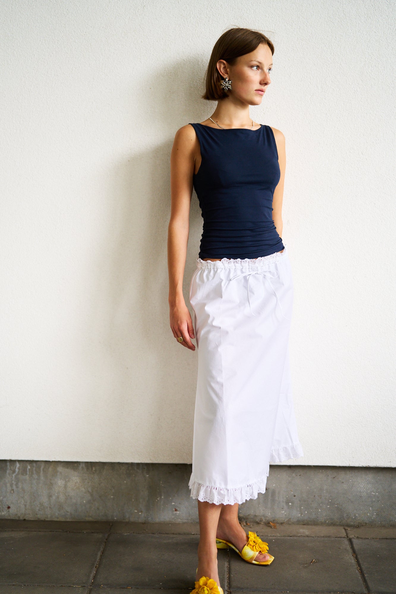 White Cotton English Embroidered Flared Mid-Length Skirt