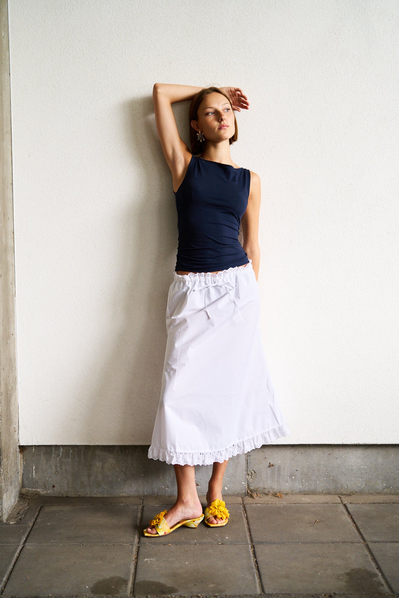 White Cotton English Embroidered Flared Mid-Length Skirt