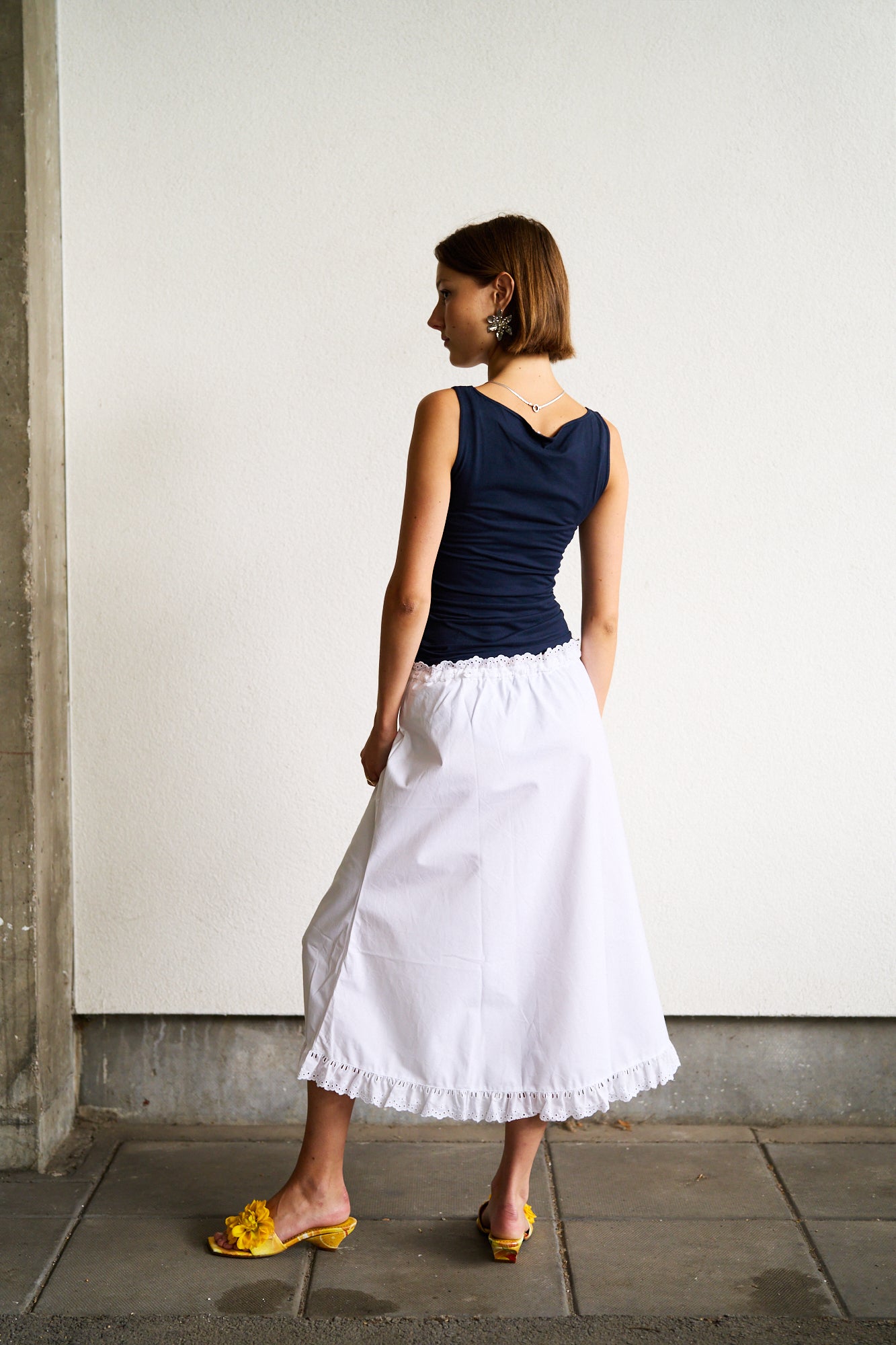 White Cotton English Embroidered Flared Mid-Length Skirt