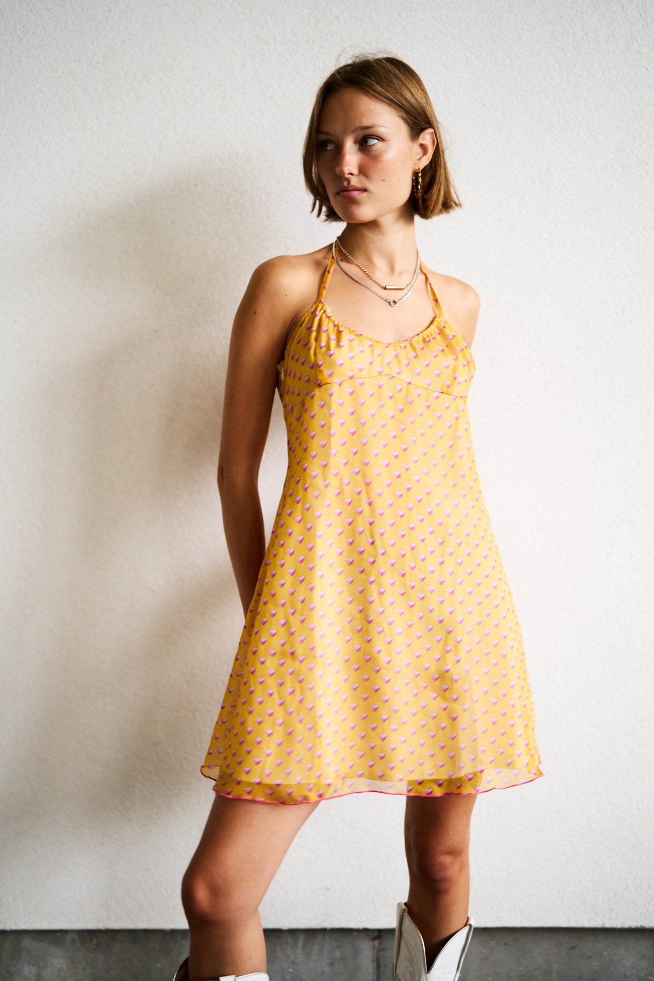 Alice Hearts Yellow and Pink Backless Muslin Silk Dress