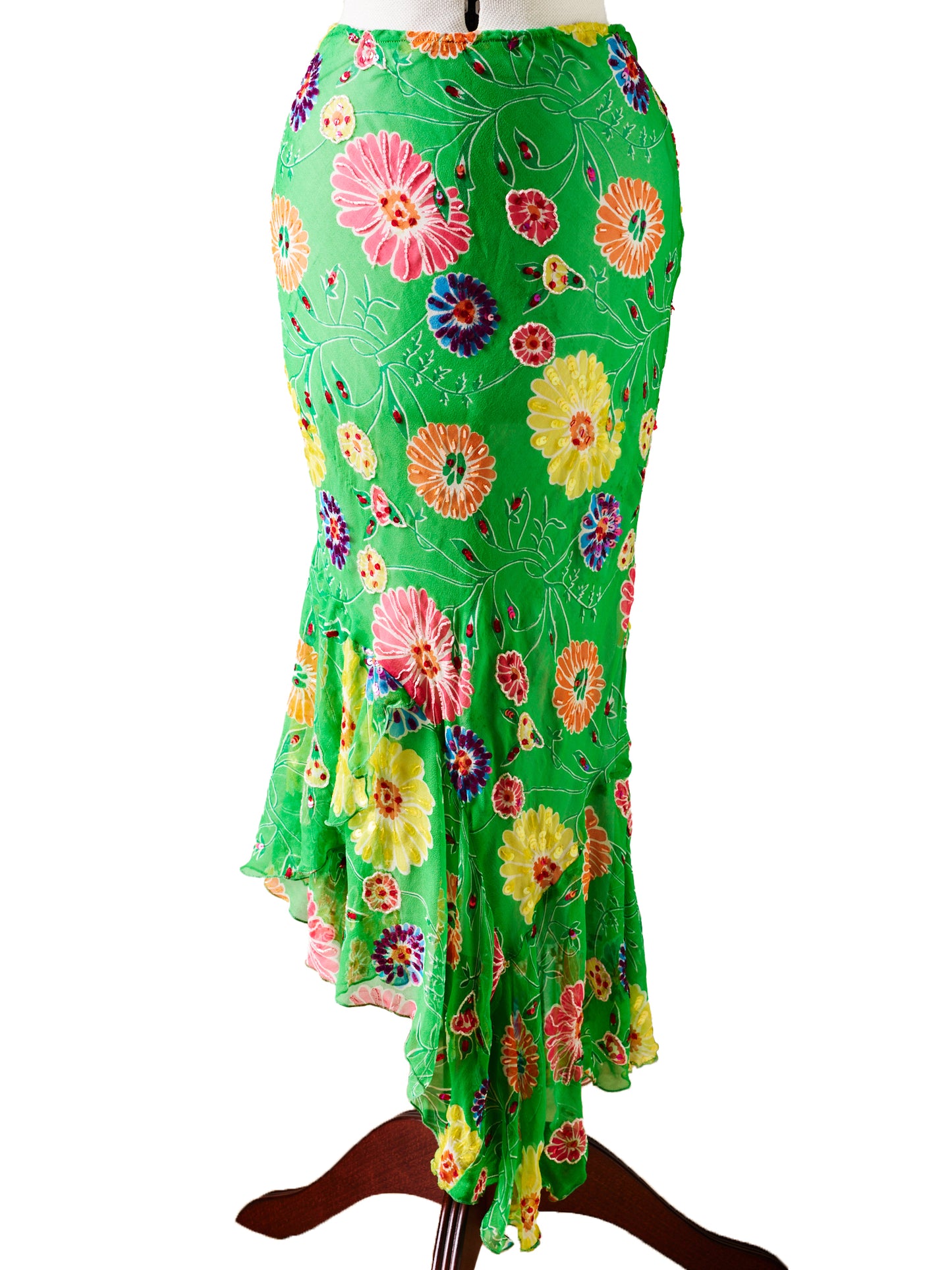 Mahe Green Grass Multicolor Sequinned Flowers Silk Skirt