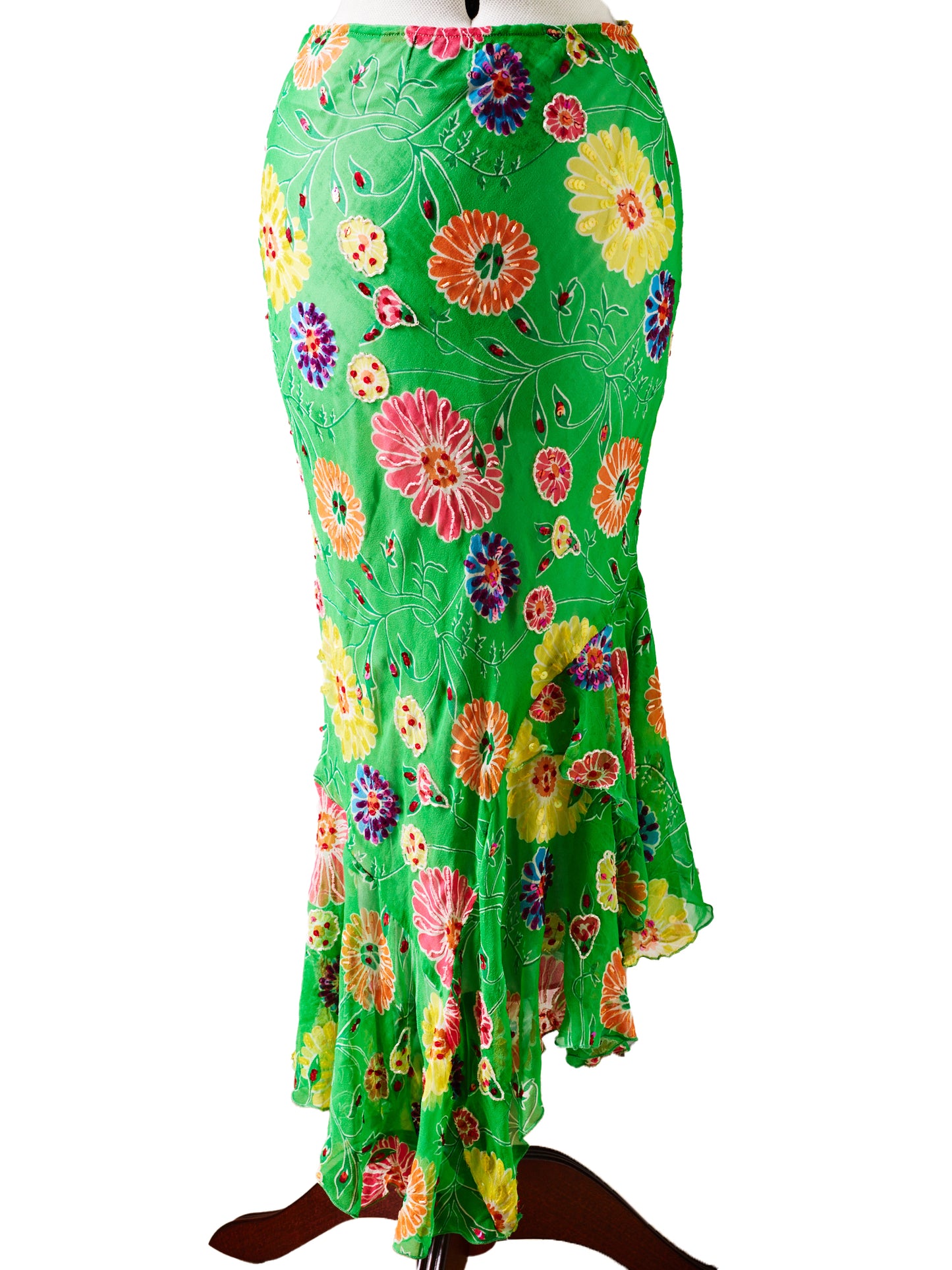 Mahe Green Grass Multicolor Sequinned Flowers Silk Skirt