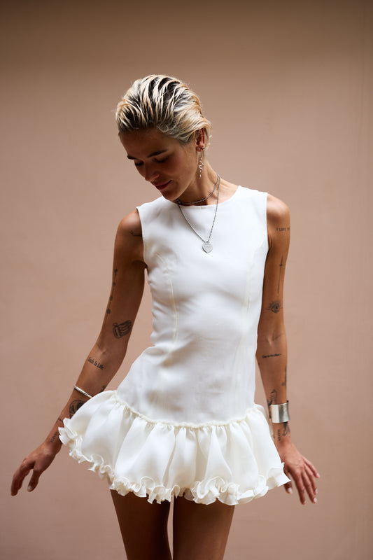 Louise Off-White Silk and Cotton Ruffled Dress