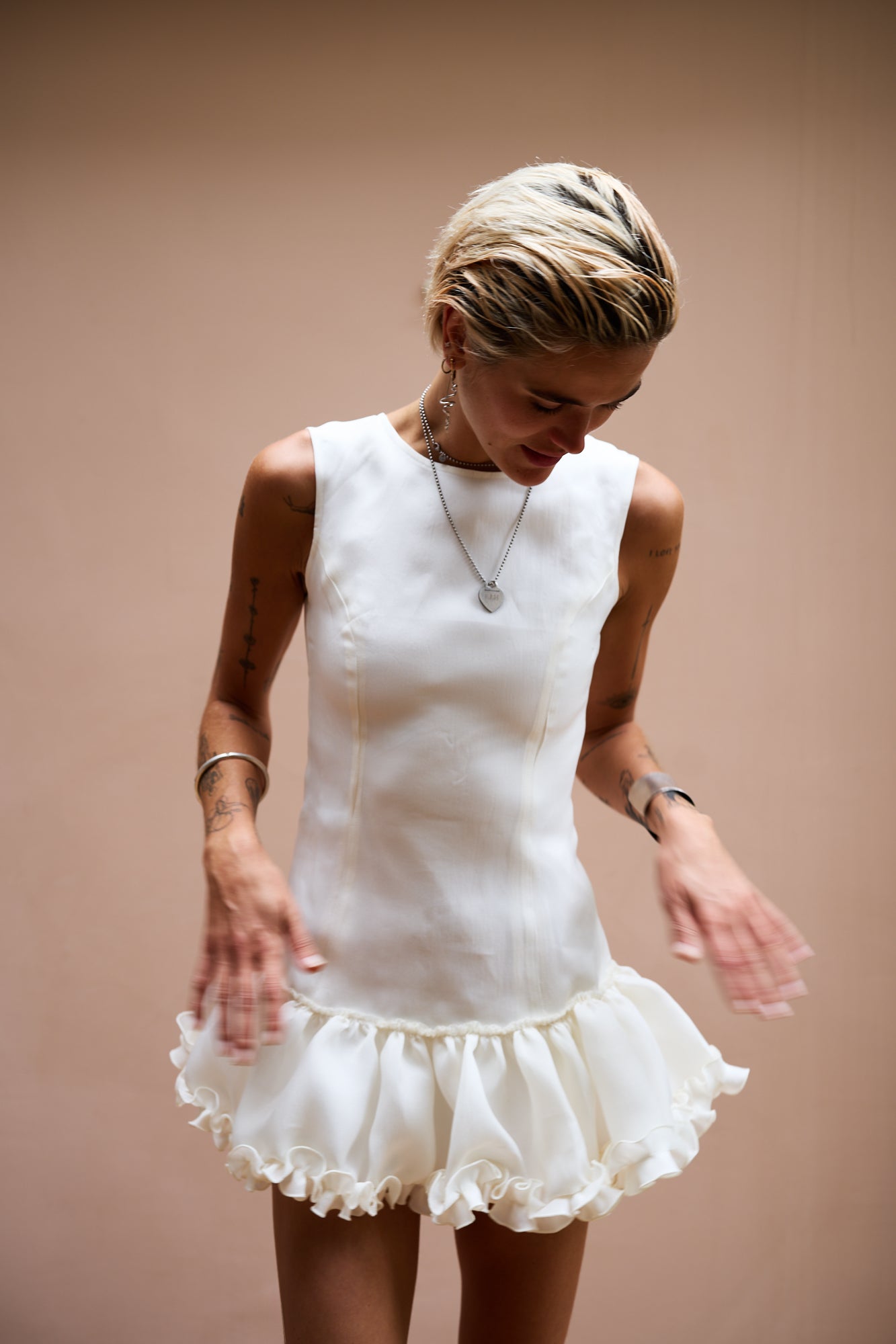 Louise Off-White Silk and Cotton Ruffled Dress