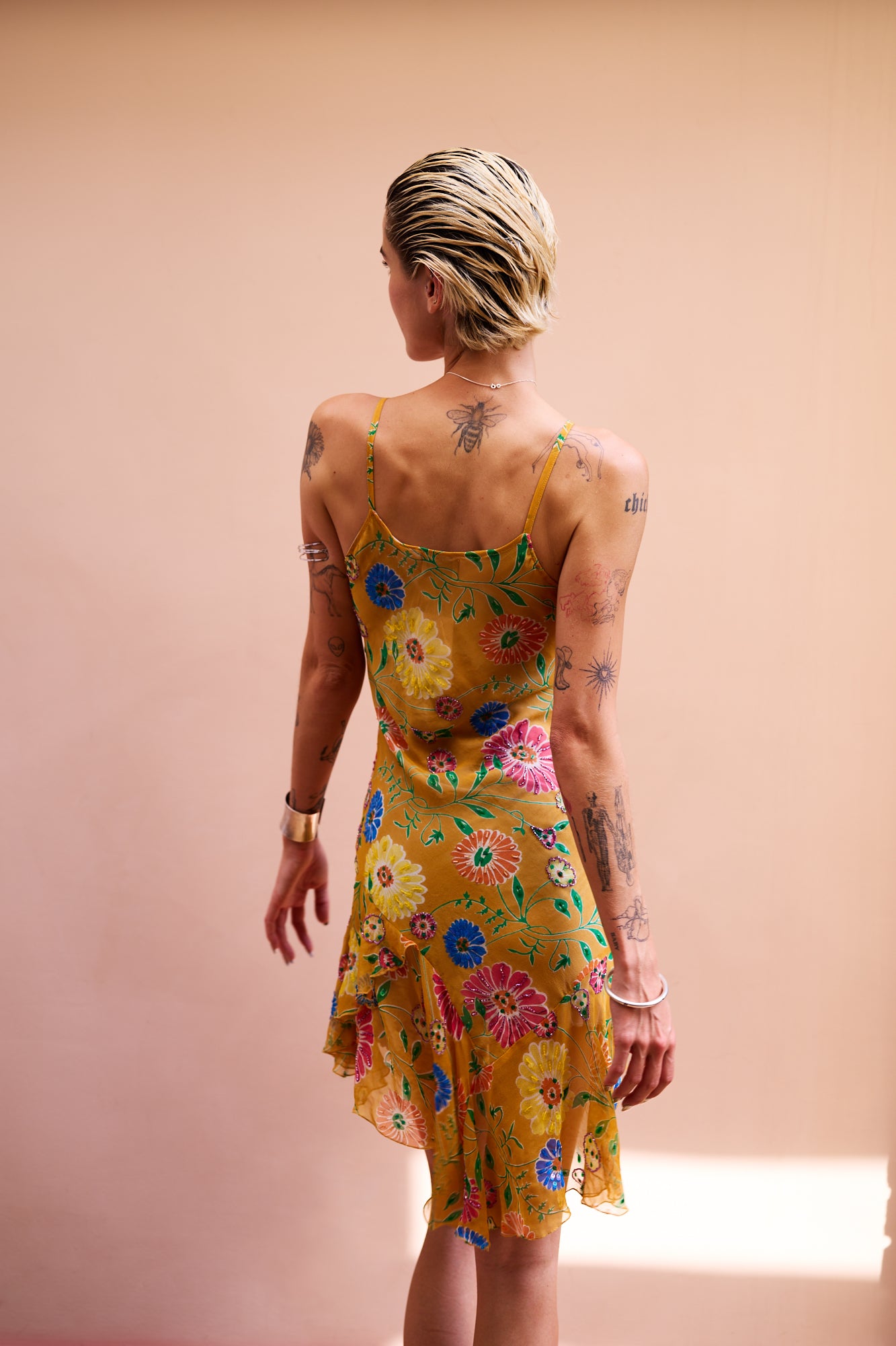 orange juice dress Elyna Orange Juice Flowers Sequins Asymmetric Silk Dress Jenna Studios